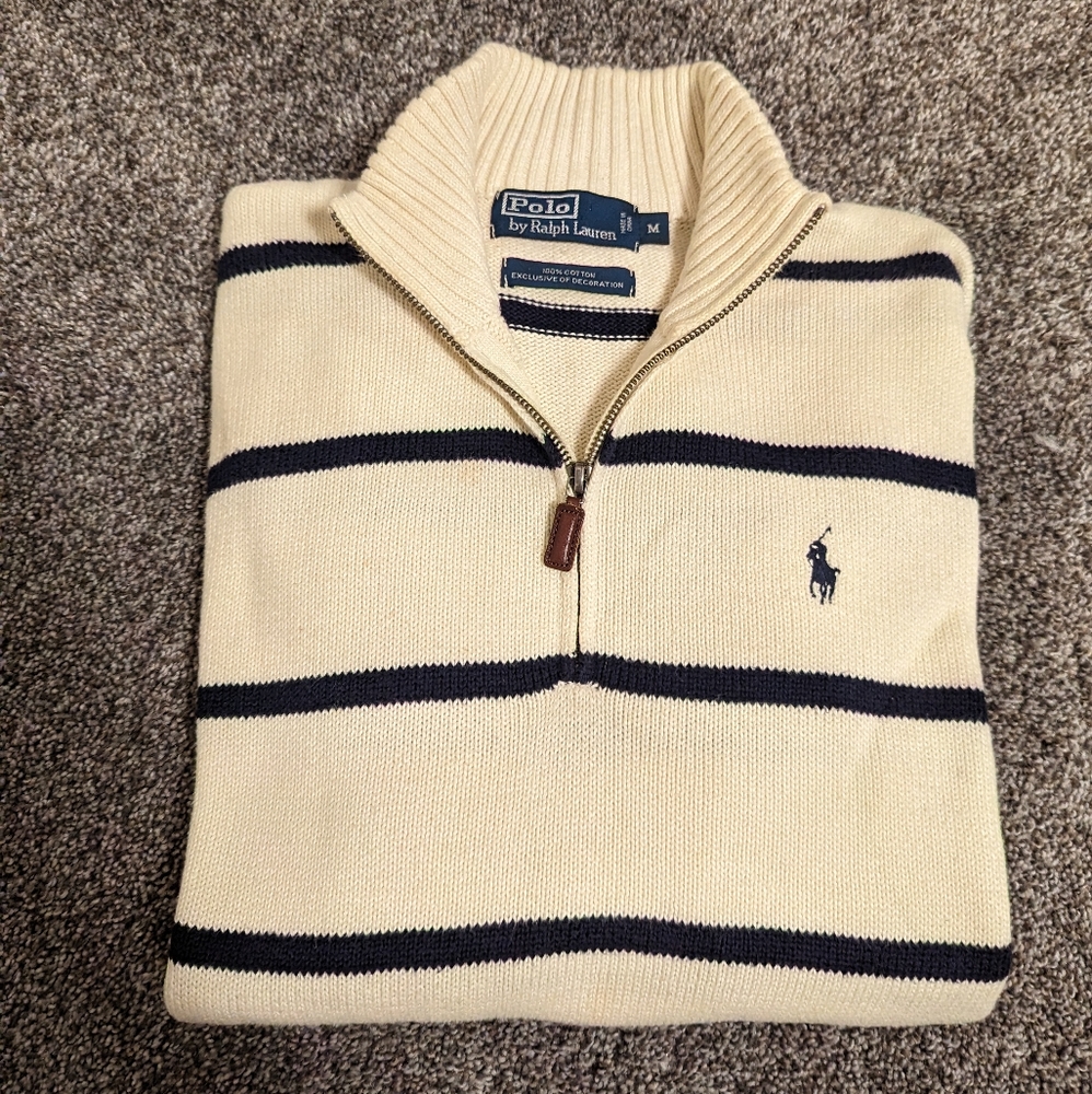 Men's Medium Polo Ralph Lauren Striped Quarter Zip Pullover Sweater
